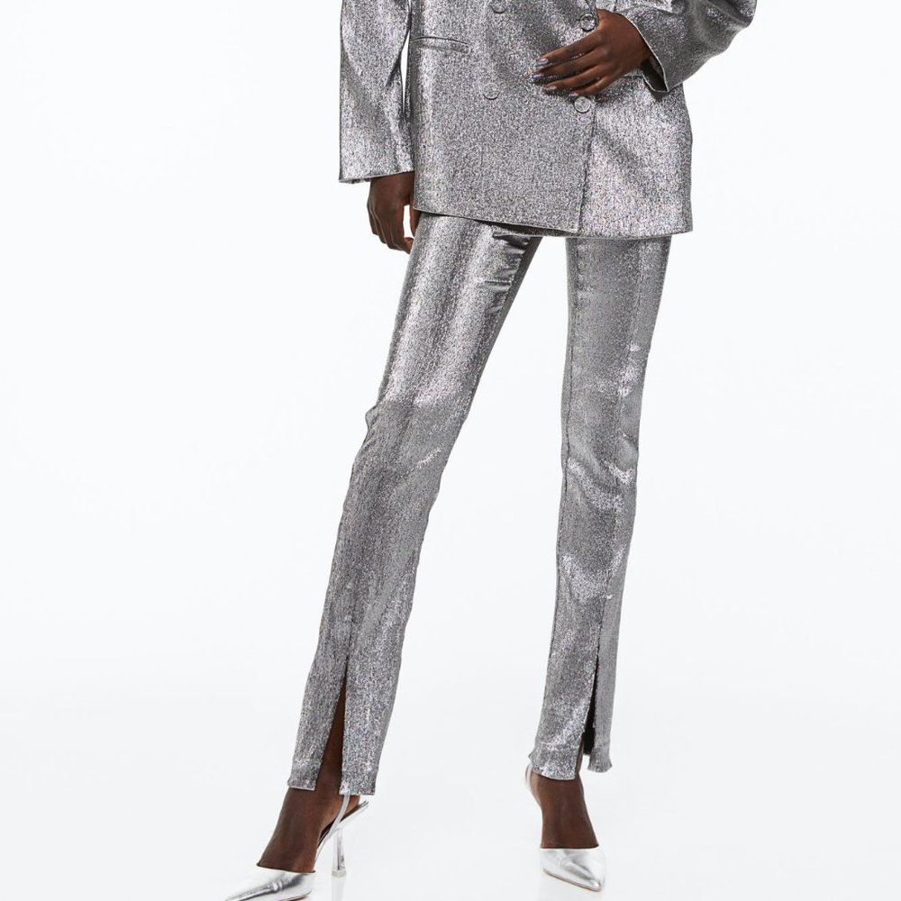 H&M Silver Metallic Slit Hem Pants, US 0
